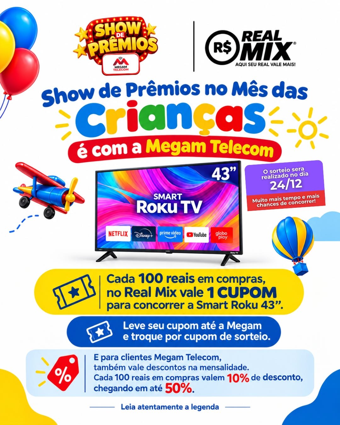 Cartaz Show de Prêmios no Mês das Crianças: Smart TV Roku 43 polegadas, sorteio dia 24/12